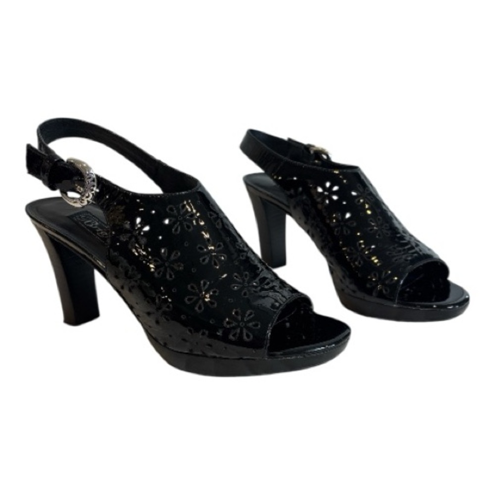 Brighton Valley Black Patent Leather Slingback Heels Floral Design Open Toe
SZ 7